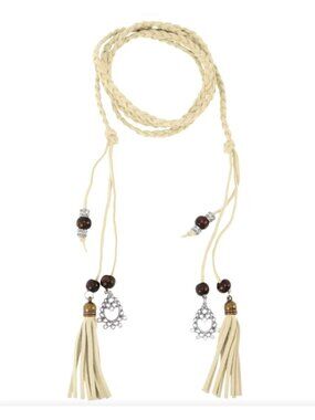 White/Beige Braided Wrap-Around Waist Belt With Tassels & Metal Charms